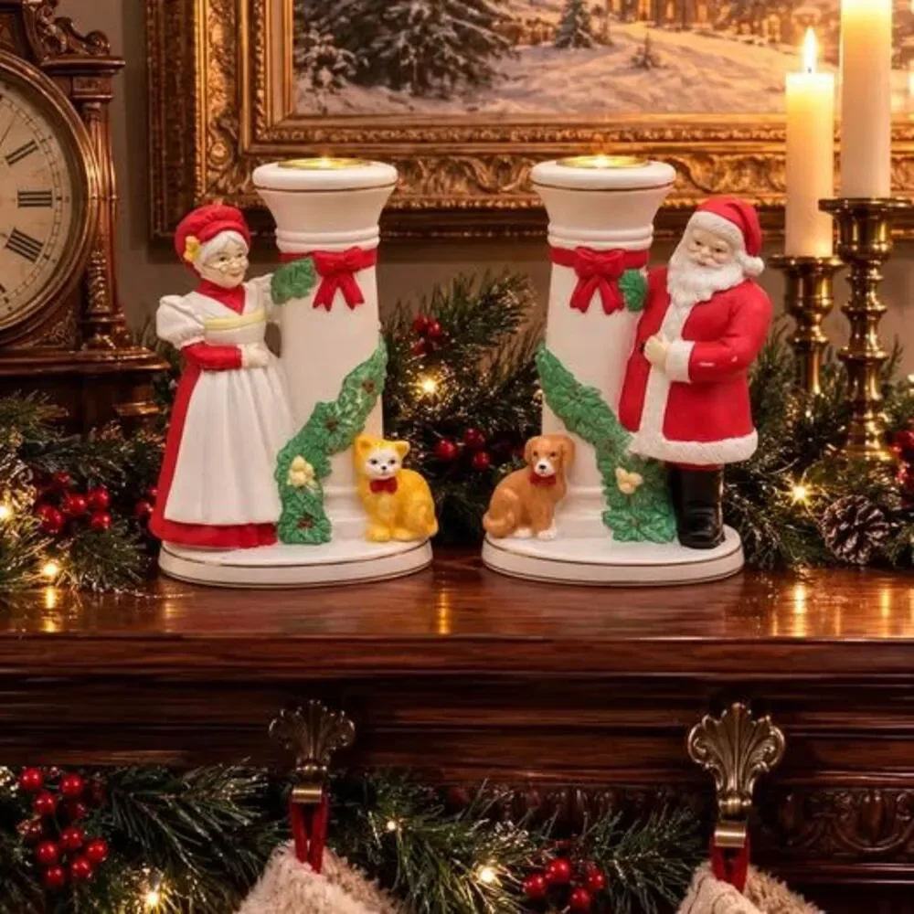 Vintage Hand-painted Santa and Mrs. Claus Christmas Candle Holders 4” Tall